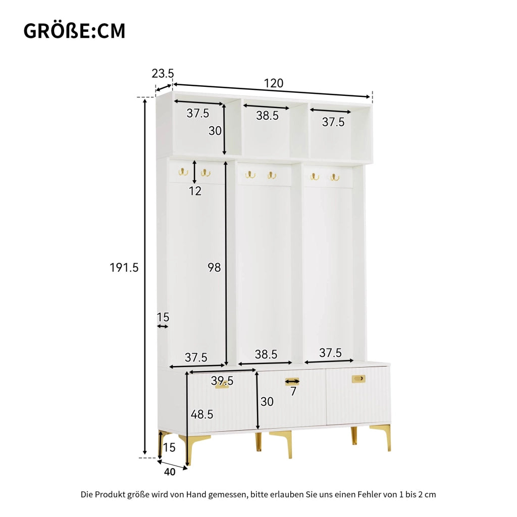 Mobile da ingresso con panca contenitore, ripiani aperti e 6 ganci dorati, bianco, per corridoio, 120 × 23,5 × 191,5 cm
