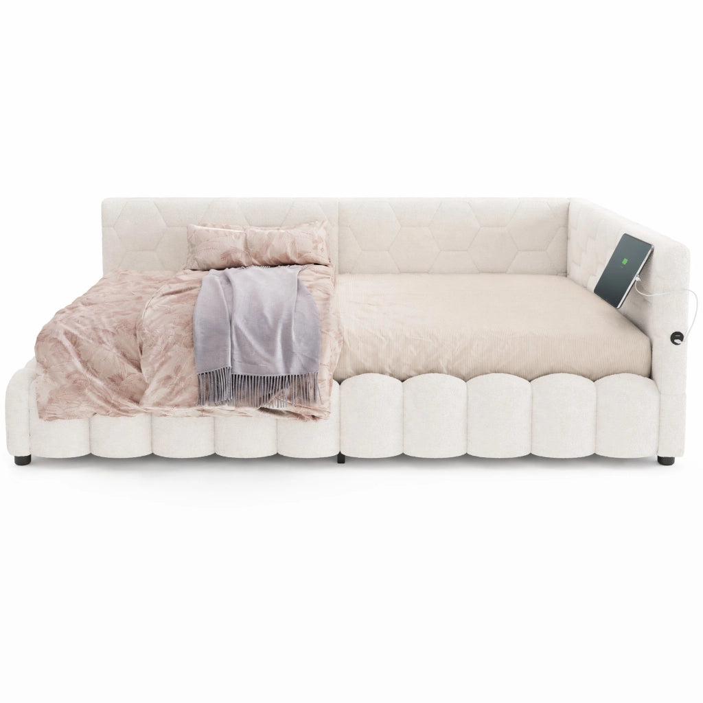 Daybed 140x200 cm con contenitore idraulico, LED, USB e Type-C, bianco