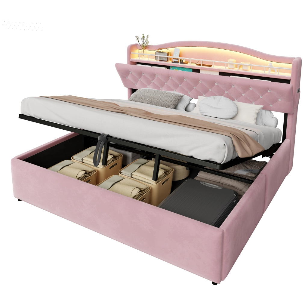 Letto Matrimoniale 180x200 cm con Contenitore Idraulico; Rivestimento in Velluto Rosa e Testiera LED con USB