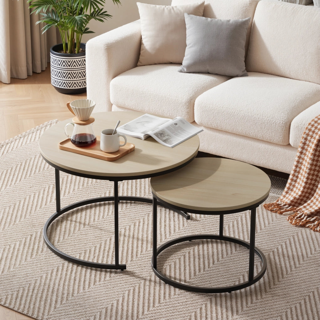 Set di 2 tavolini da salotto rotondi sovrapponibili; effetto rovere; ferro e truciolare