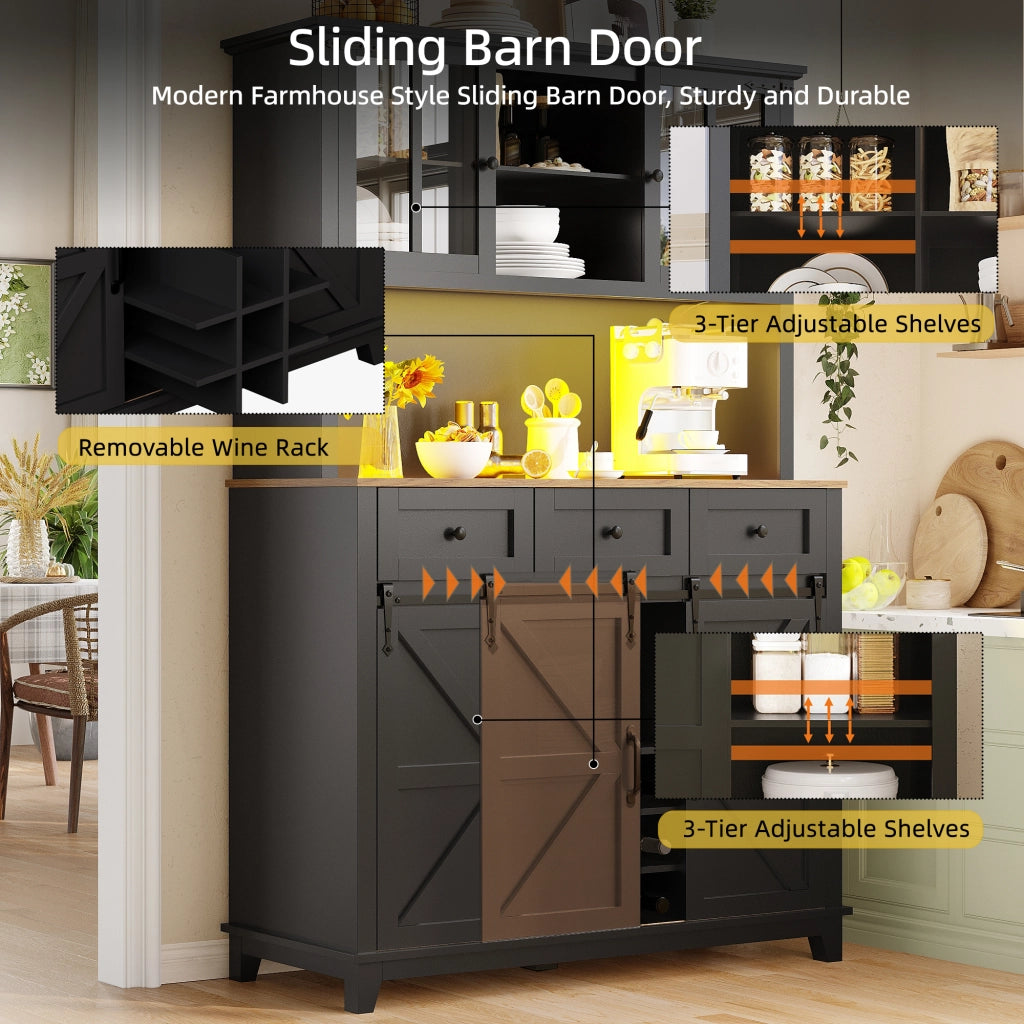 Mobile colonna da cucina ante in vetro porta scorrevole LED ripiani regolabili in MDF nero 105 × 38.4 × 180 cm
