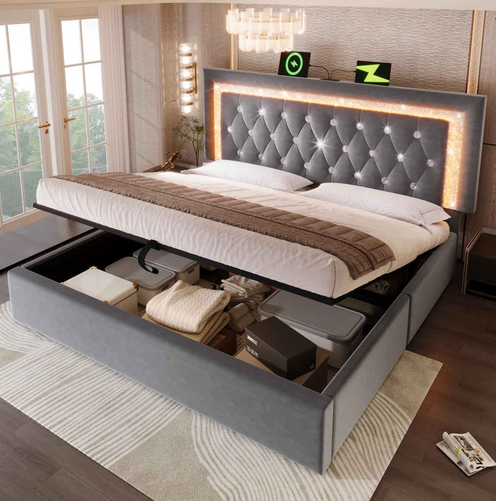 Letto matrimoniale contenitore 180x200 cm in velluto grigio; testiera regolabile con LED e USB-C