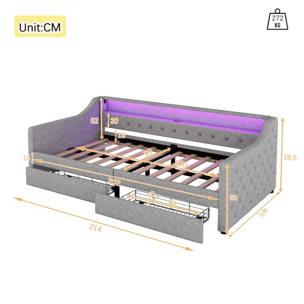 Letto divano singolo 90 × 200 cm con 2 cassetti; USB e LED regolabile; senza materasso; in lino; grigio