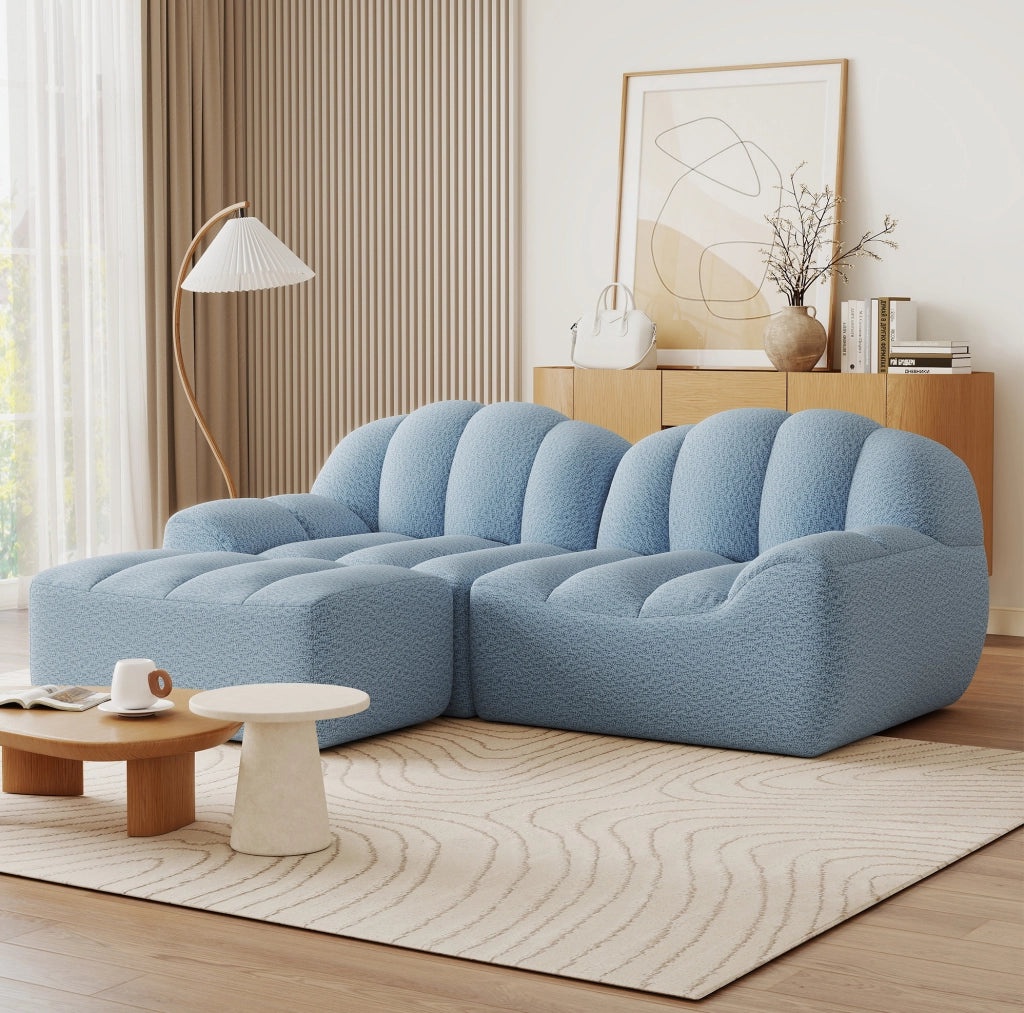 Divano angolare modulare 210x165x79 cm in tessuto blu, senza montaggio