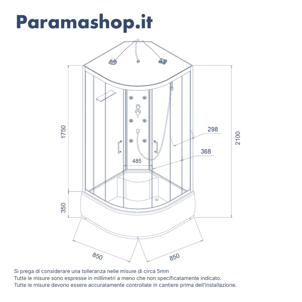 Cabina doccia idromassaggio semicircolare 85x85 cm multifunzione h215cm | Zante