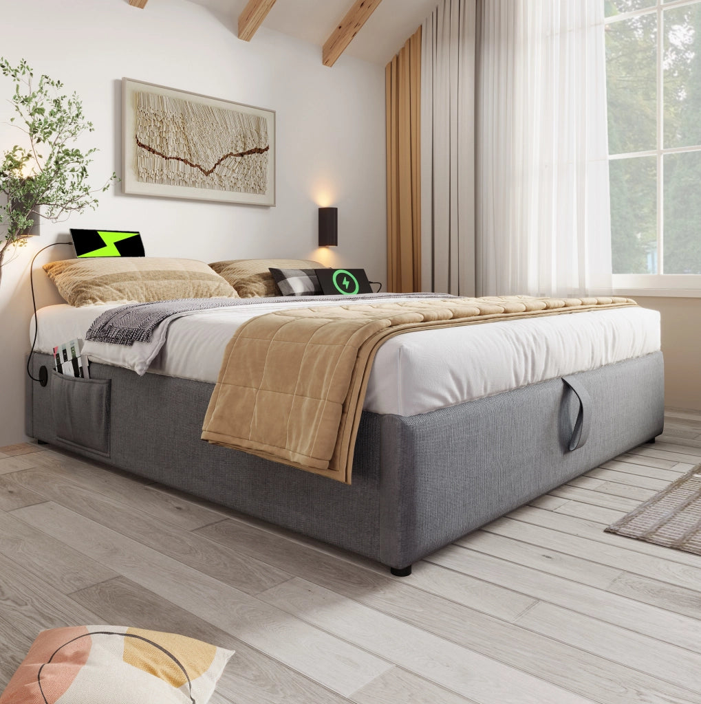 Letto contenitore 140 x 200 cm grigio con USB e porta Type-C