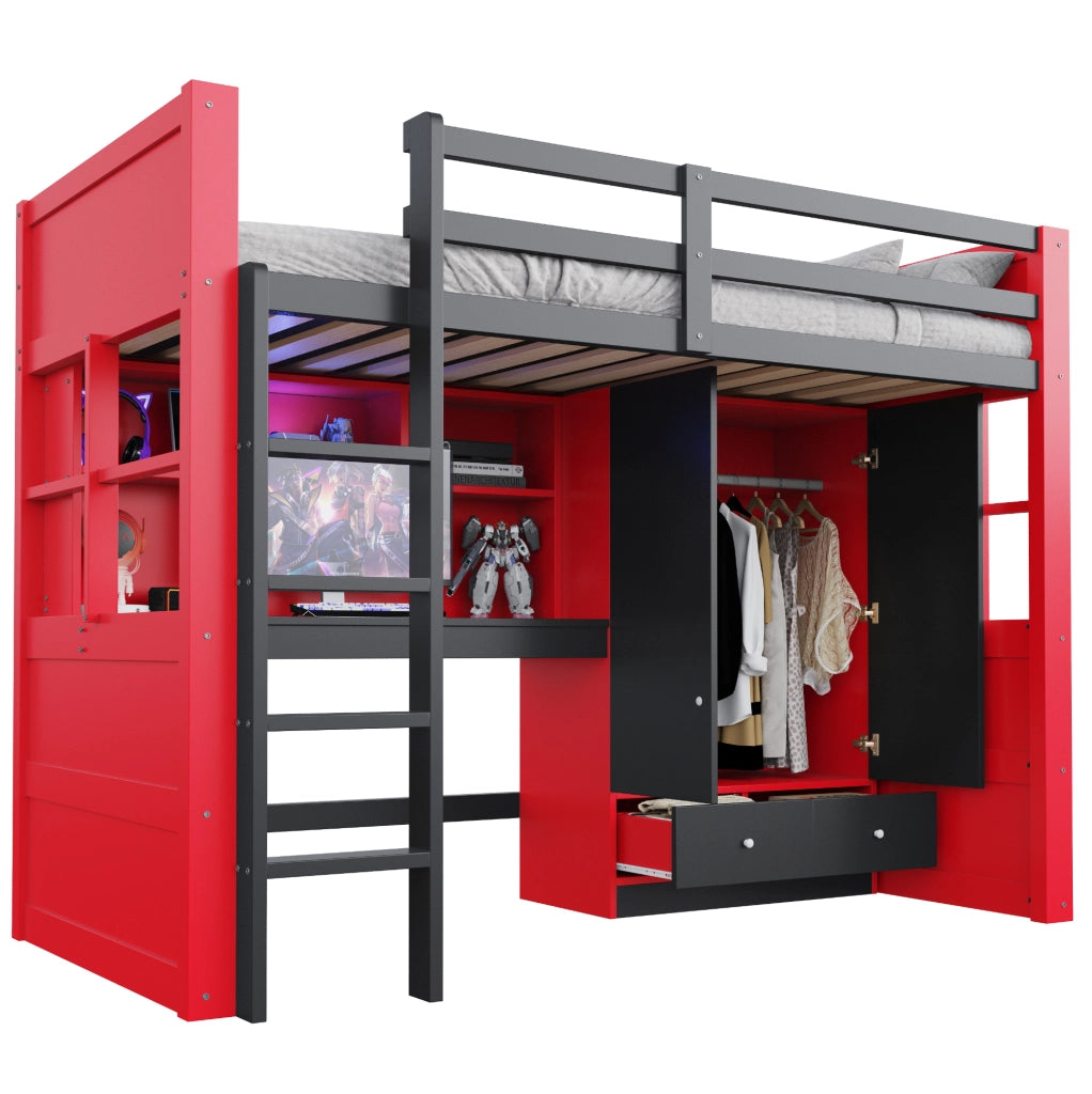 Letto a soppalco 90x200 cm in legno con scaletta, armadio, cassetti, scrivania e illuminazione LED, colore nero e rosso, stile gaming per bambini e ragazzi