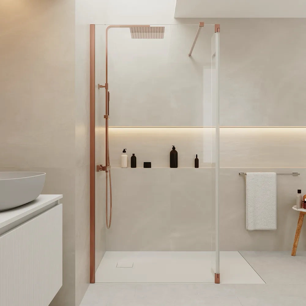 Doccia walk-in 120cm + anta girevole 40cm vetro 8mm trasparente anticalcare profili rame spazzolato h200 | Keros