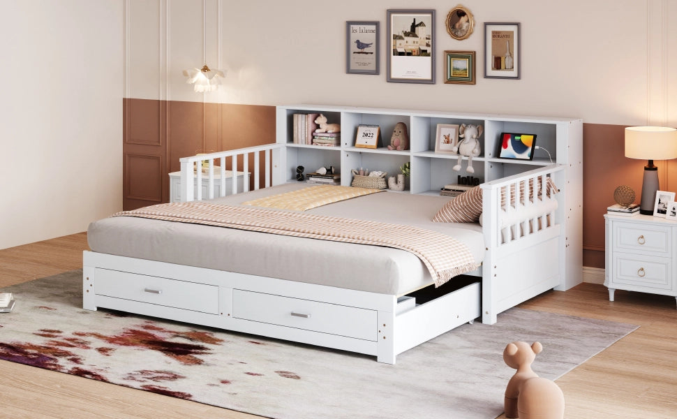 Letto estraibile multifunzione in legno bianco con due cassetti rete a doghe presa e ripiani integrati