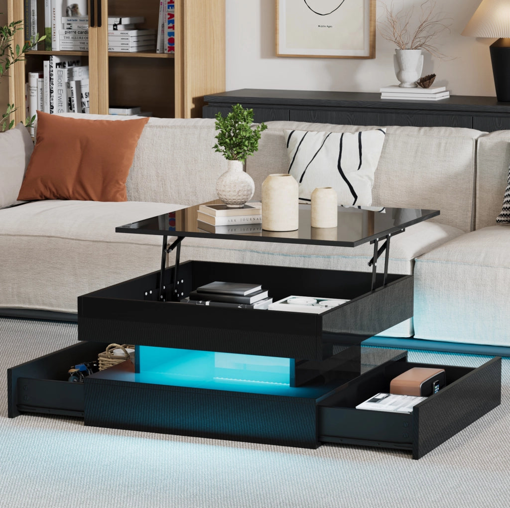 Tavolino Salotto Nero 65x65x38,5 cm con Piano Sollevabile, 2 Cassetti, LED Controllabile via App, Design Quadrato in Truciolato Lucido