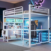 Letto a Soppalco 140x200 cm con Scrivania; LED; USB; Contenitore; Scala e Sponde; Bianco