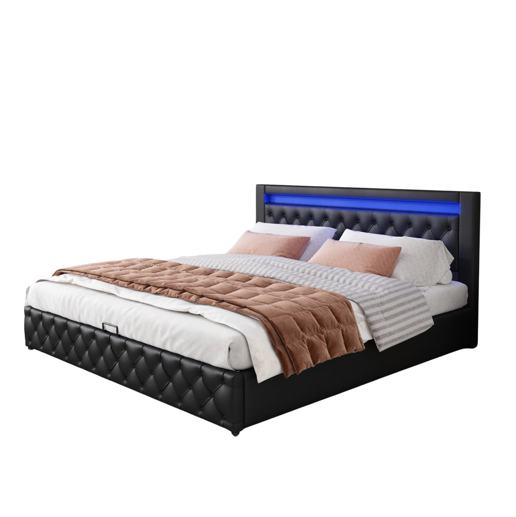 Letto imbottito 160x200 cm con rete, contenitore e LED, nero