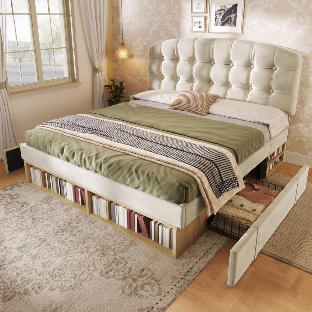 Letto con cassetti 140 × 200 cm con testiera regolabile imbottita in velluto beige e rete a doghe inclusa