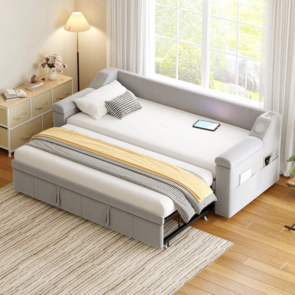 Divano letto 90 × 190 cm con apertura idraulica letto 180 × 190 cm; USB; Bluetooth; vani e rete a doghe
