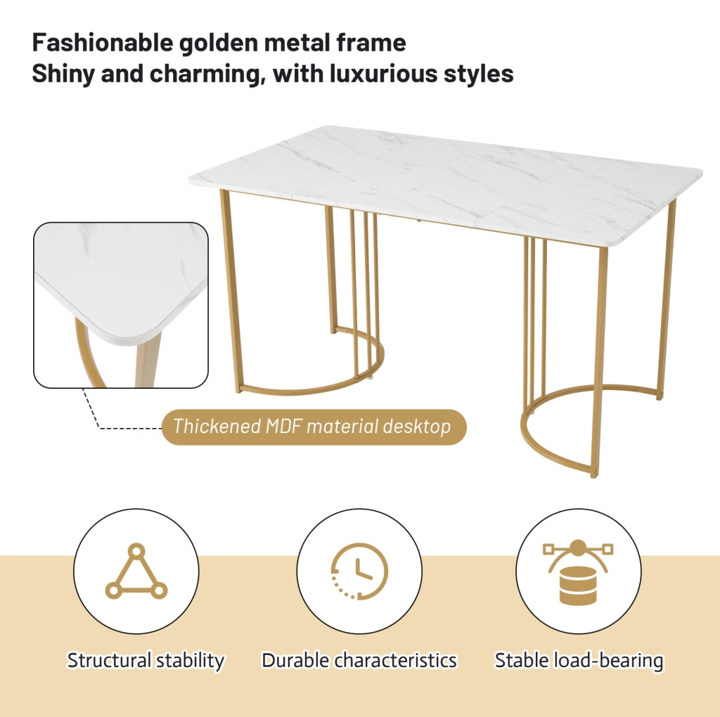 Set tavolo da pranzo 140x80 cm con 4 sedie in velluto; piano MDF bianco effetto marmo