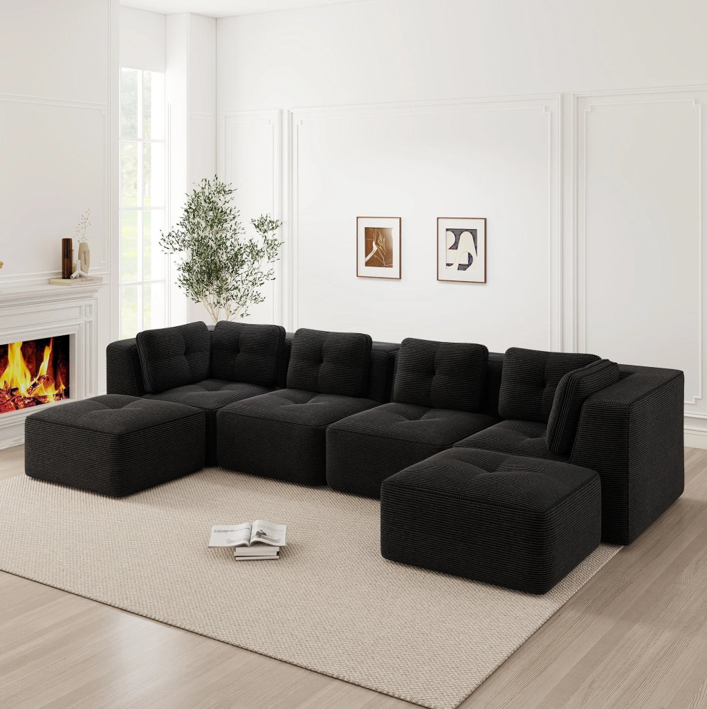 Divano modulare ad angolo morbido in tessuto di velluto a coste nero senza struttura, con chaise longue e funzione letto