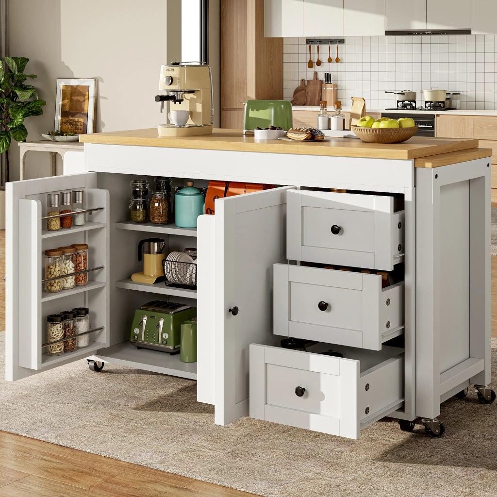 Isola cucina estensibile con 3 cassetti; ripiani laterali snack e ruote; per cucina e sala da pranzo; 116 × 45 × 89 cm