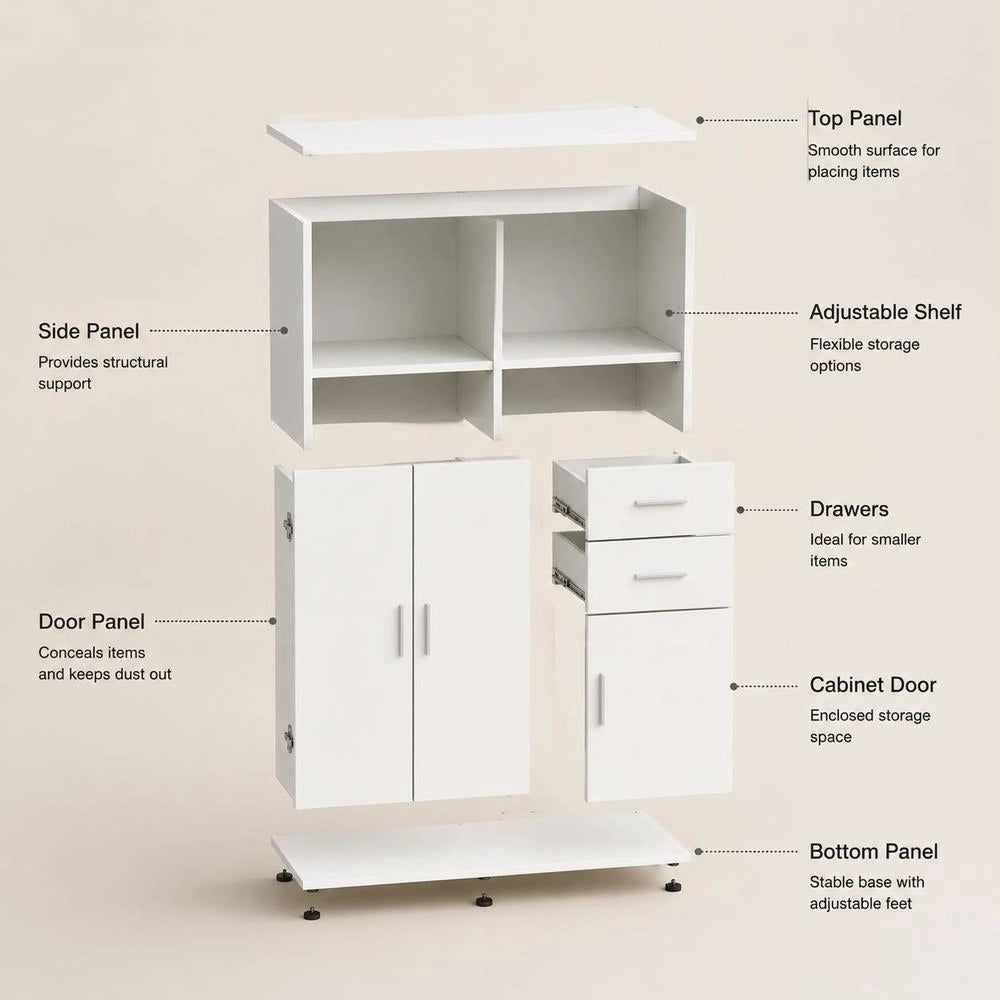 Modern White Wooden Sideboard Cabinet With Multiple Doors And Drawers, Large Capacity Storage Console Table For Living Room And Dining Room Entryway Organization, 91X29.5X75 Cm