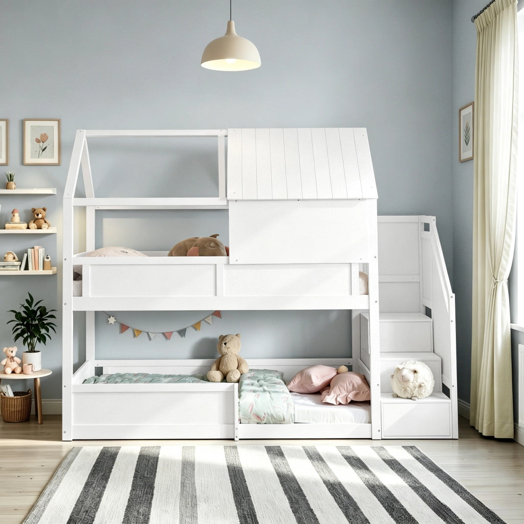 Letto a castello per bambini in legno bianco con scala laterale e struttura a tetto