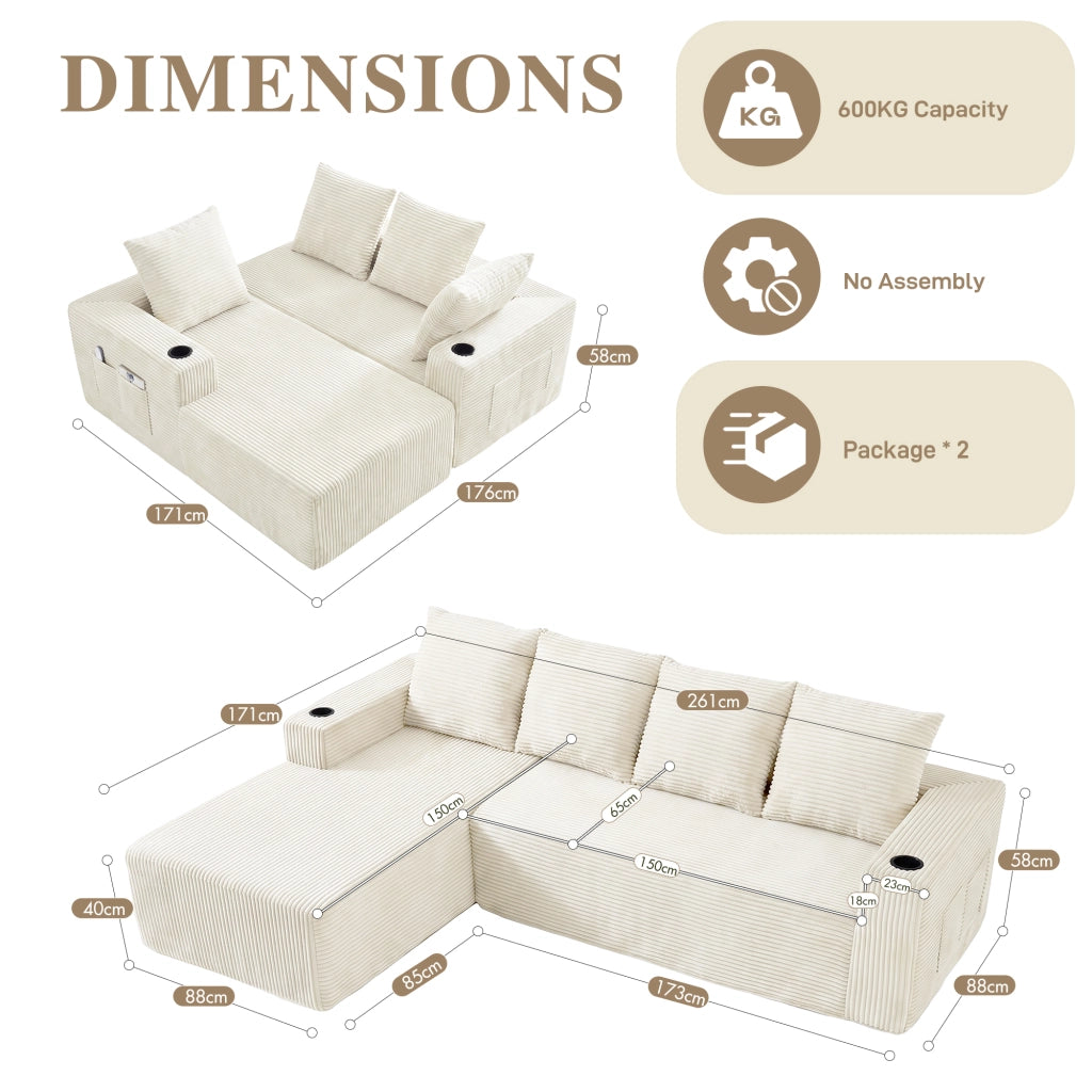 Divano modulare con chaise longue reversibile e portabicchieri, velluto a coste beige