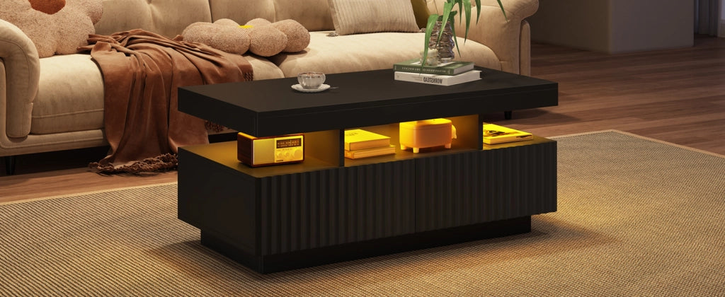 Tavolino da salotto nero 100x50x45 cm con due cassetti e LED