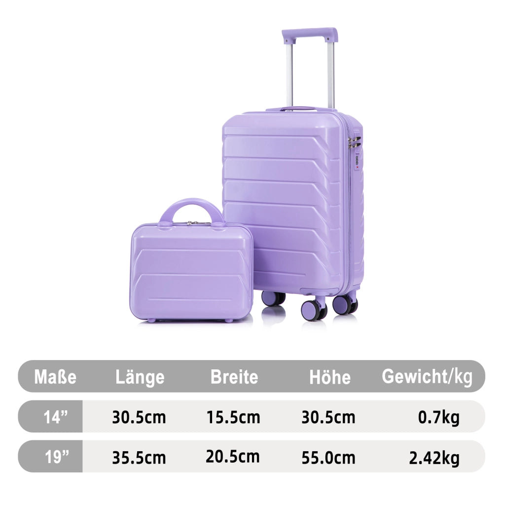 Set di valigie da viaggio 19 e 14 pollici in ABS blu e viola con trolley rigido e quattro ruote doppie girevoli