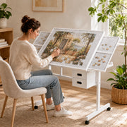 Tavolo per puzzle da 1000 pezzi in MDF e metallo bianco con copertura e ruote