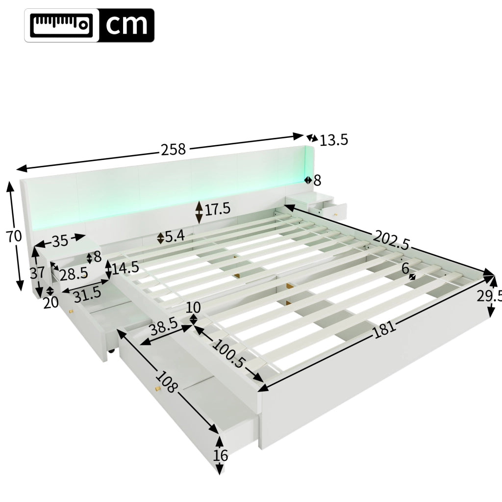 Letto matrimoniale 180x200 cm con LED, USB e cassetti