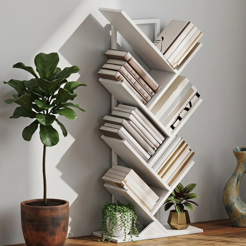Libreria 50x24x109 cm a forma di albero con 7 ripiani in legno bianco