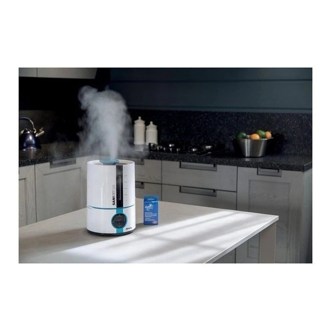 Ariete 2836 Sani-Jet Air, Umidificatore a ultrasuoni con funzione igienizzante, 30 Watt, Capacità Serbatoio 5L, 3 livelli di intensità, Display LED, Bianco/azzurro