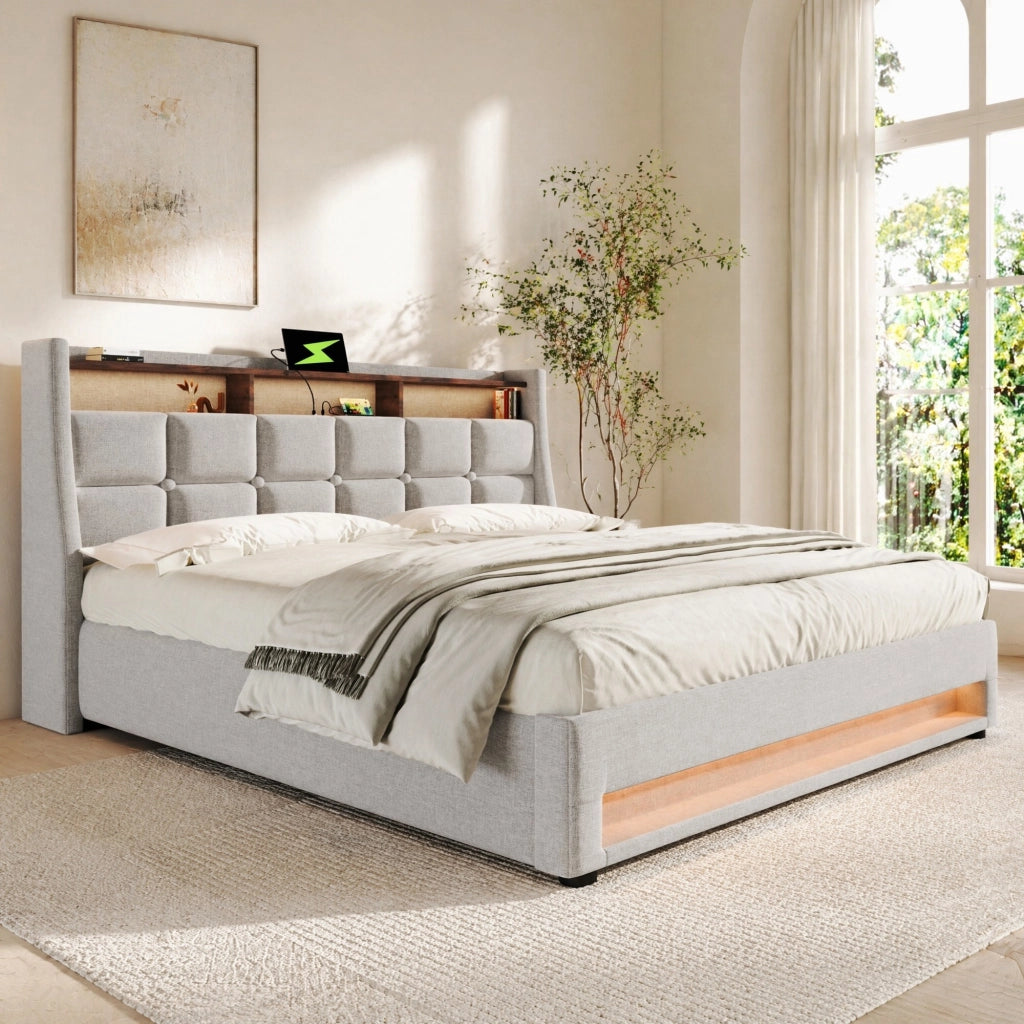 Letto matrimoniale 140x200 cm con contenitore; LED e USB in lino beige chiaro