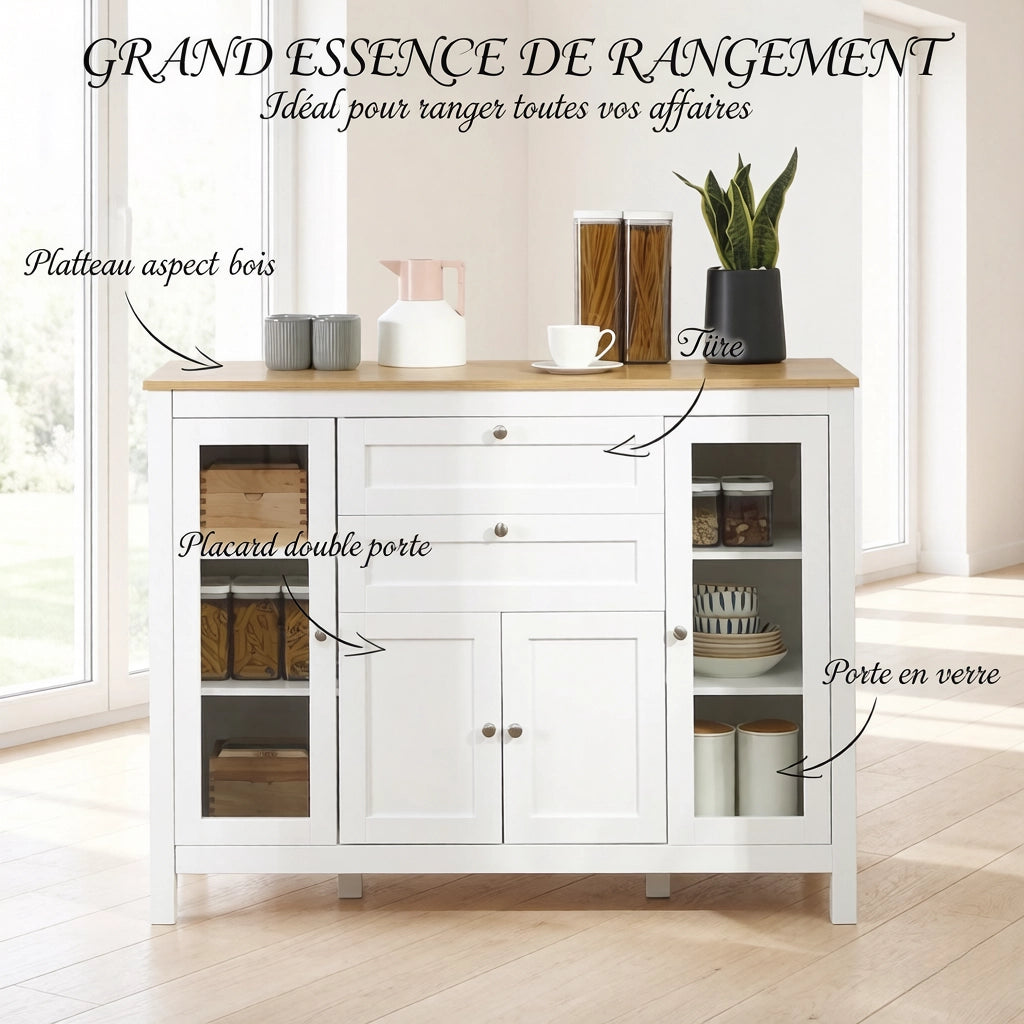 Madia con ante in vetro e 2 cassetti; ripiani regolabili; per cucina e soggiorno; in MDF; 120×40×90 cm