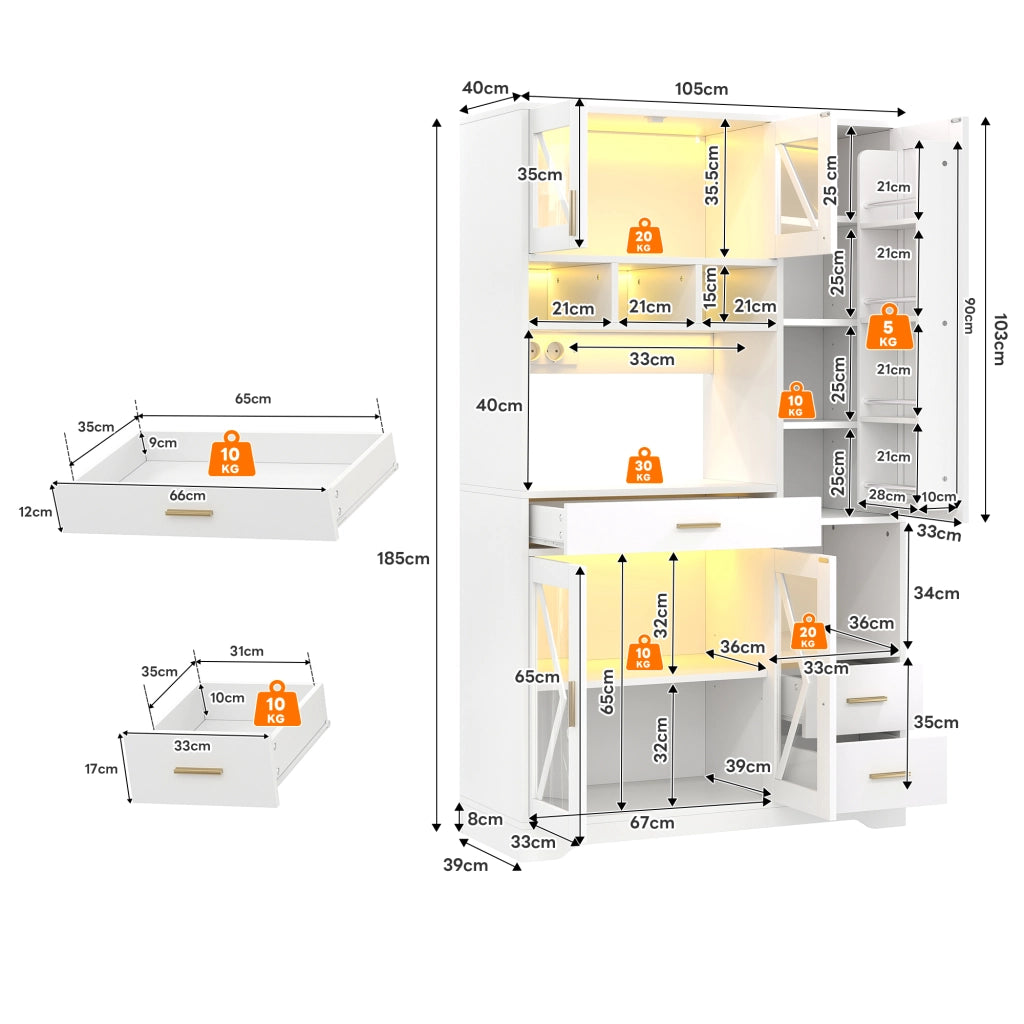 Credenza da cucina alta con vetrina, LED e prese, ripiani regolabili e cassetto, in MDF bianco, 105 × 40 × 185 cm