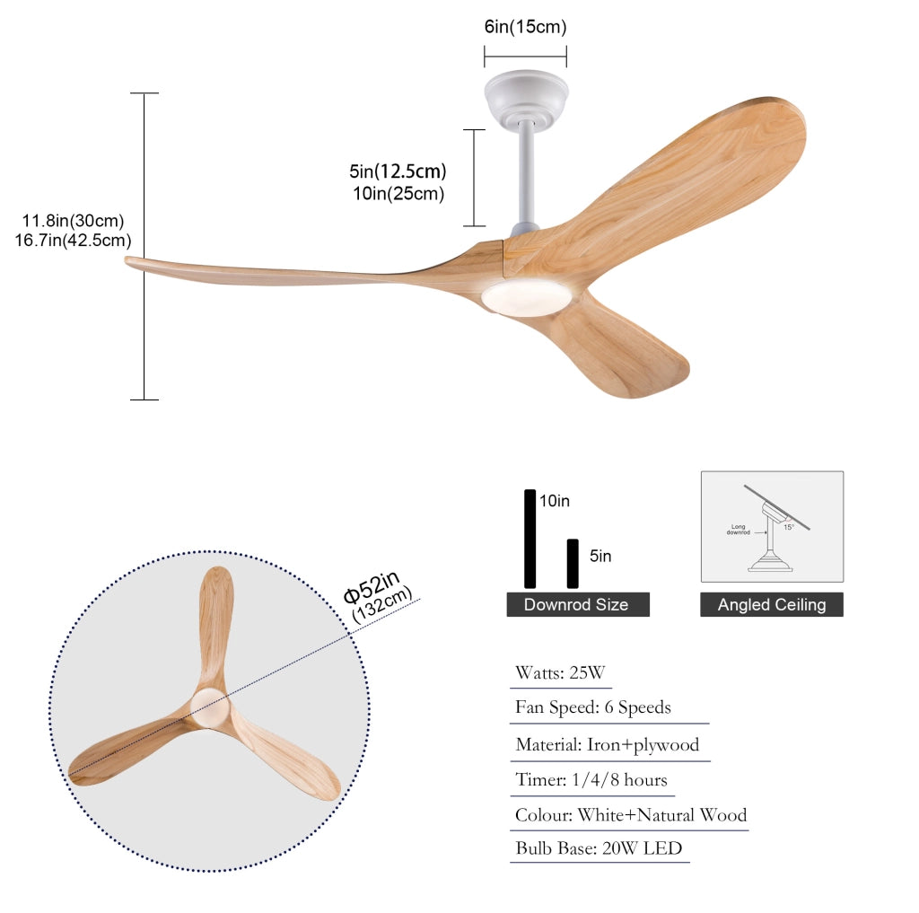 Ventilatore da soffitto 52 pollici con LED dimmerabile, telecomando e pale in legno massello
