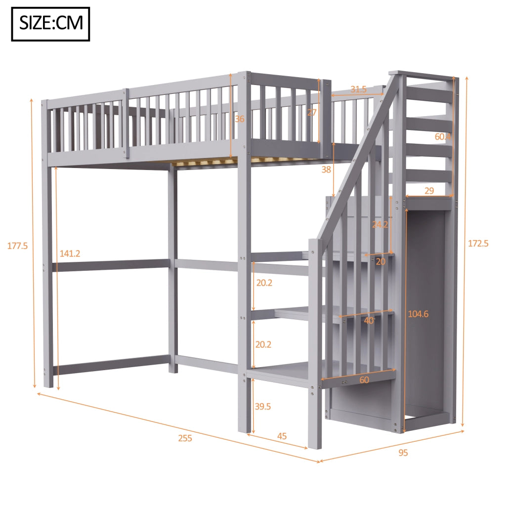 Letto a soppalco 90x200 Letto per bambini in legno con armadio e scale Grigio
