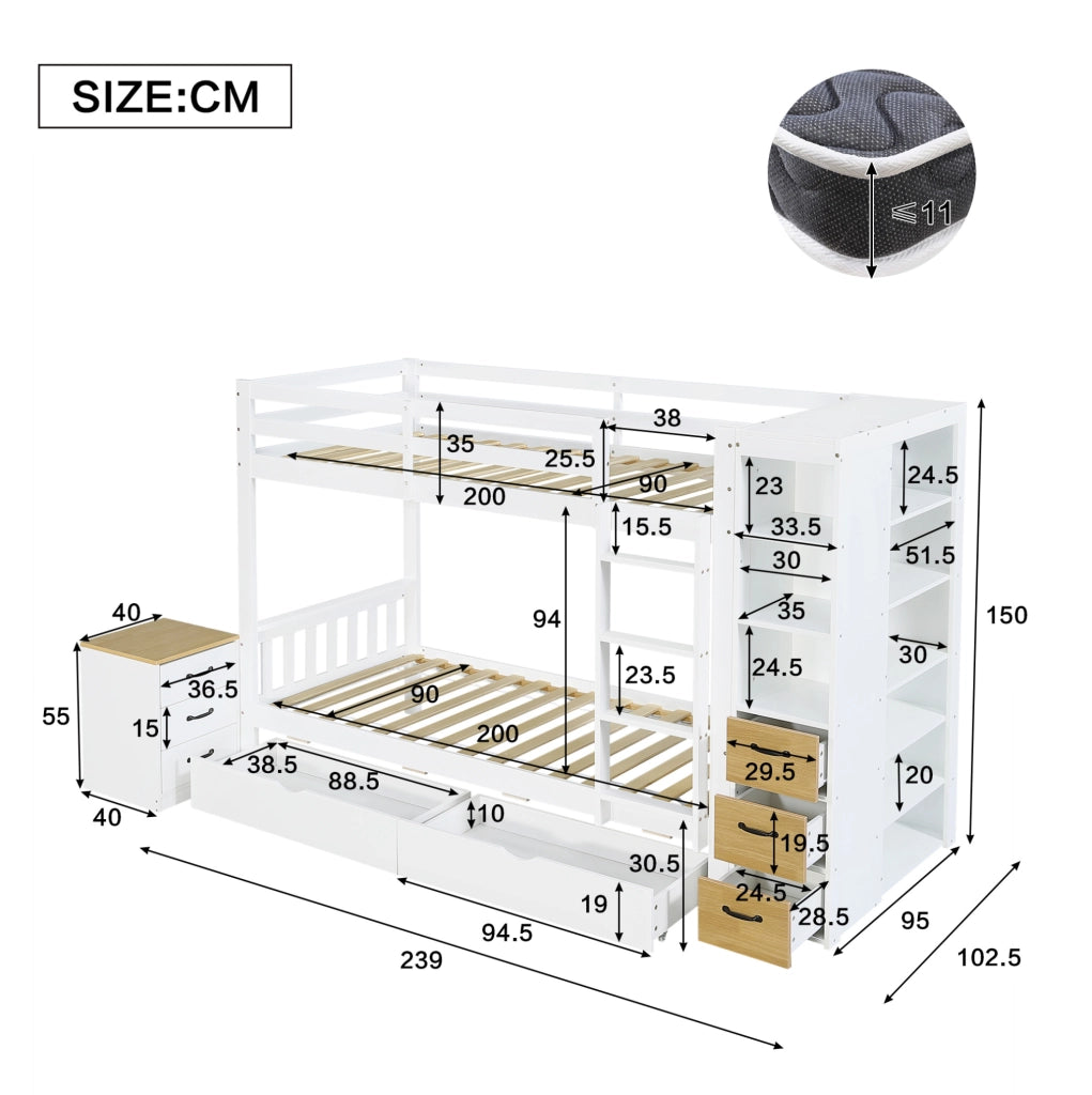Letto a castello in legno bianco 90x200 cm con due cassettoni, scaffale laterale e comodino mobile