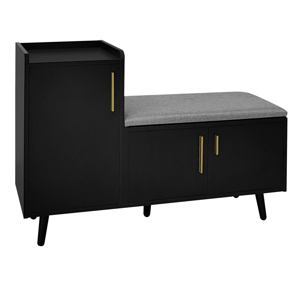 Panca Porta Scarpe Moderna con Tre Ante e Ripiani Regolabili, Struttura in Legno e Metallo Nera, B100xT34xH69 cm
