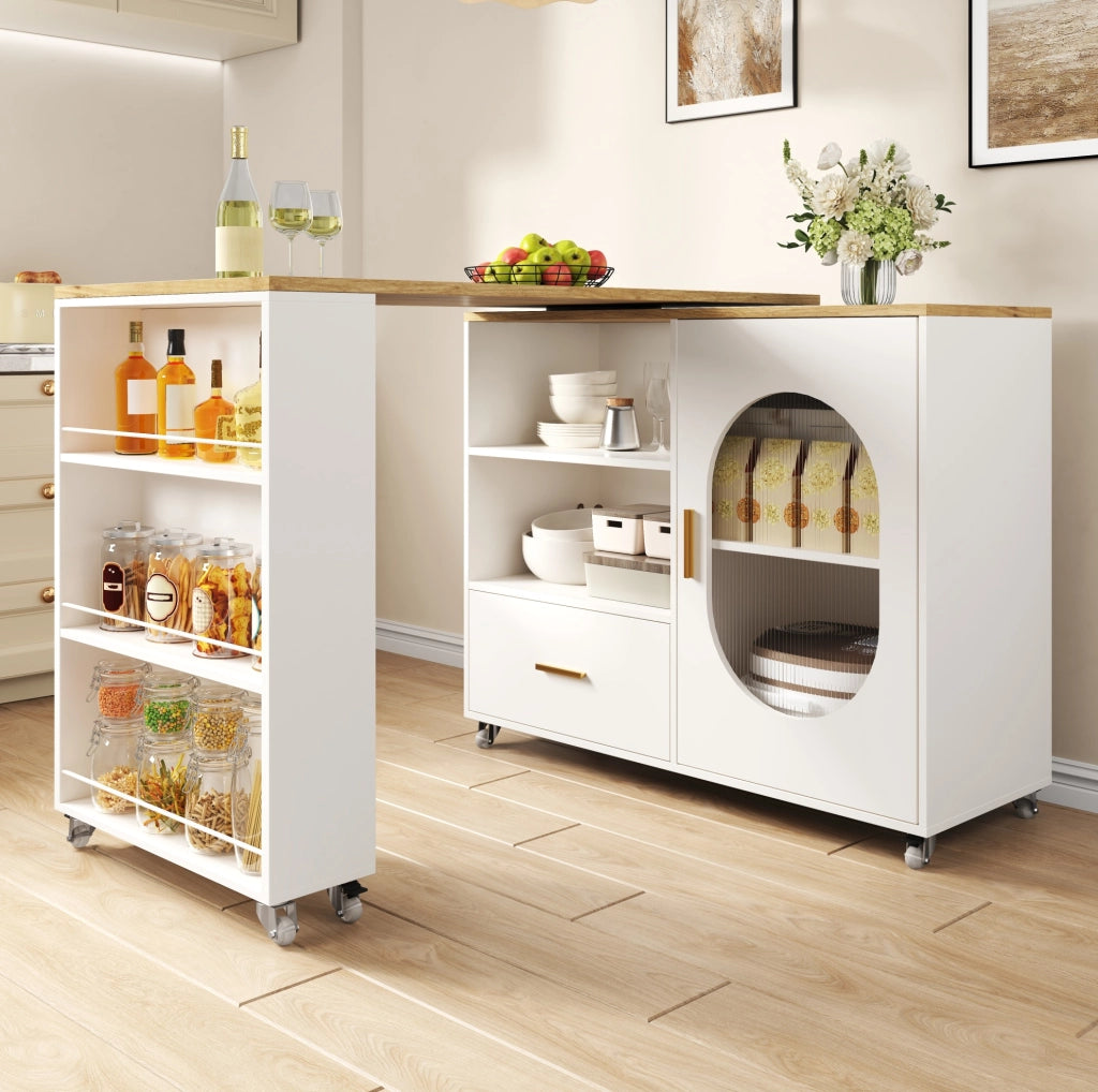 Isola cucina mobile con piano girevole 360° 120-180x60x90 cm; MDF naturale e bianco