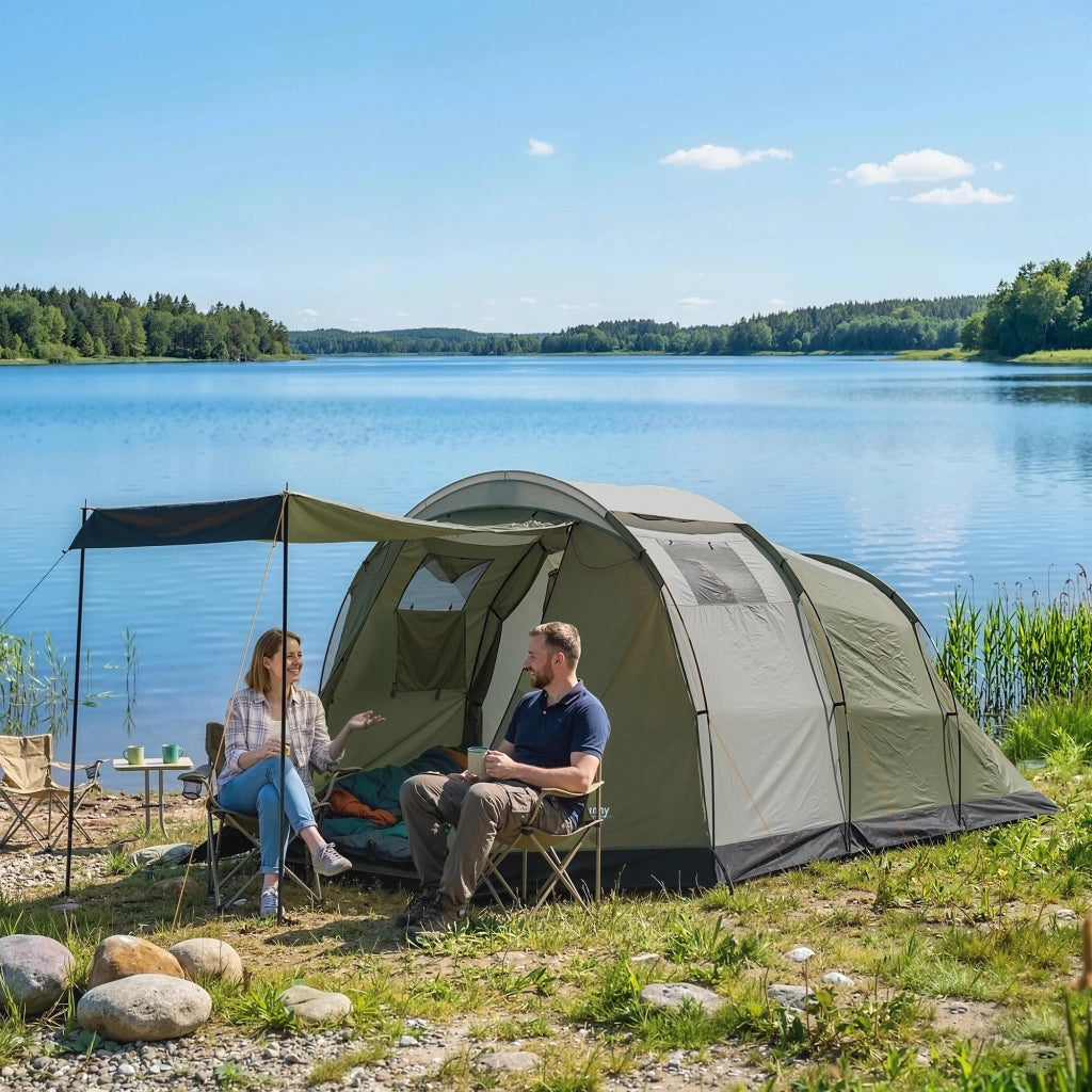Tenda da Campeggio Familiare per 3-4 Persone Impermeabile 3000mm Verde in Poliestere con Camera e Veranda Robusta