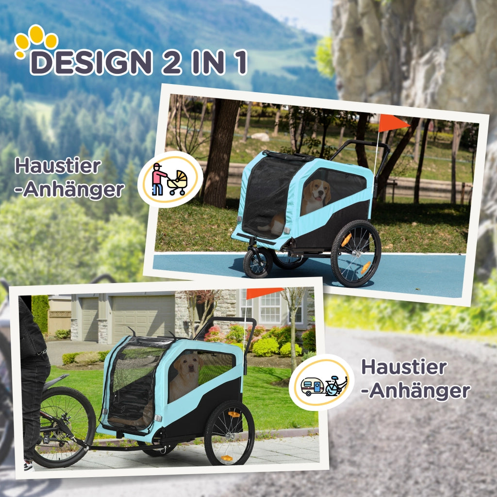 Rimorchio per cani 2 in 1 fino a 30 kg convertibile in passeggino blu per bici da 24 a 28 pollici con riflettori