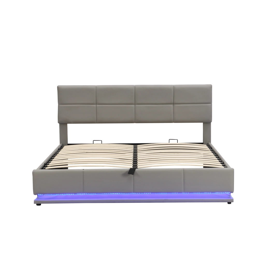 Letto 180x200 cm con contenitore idraulico, LED e rivestimento in similpelle grigio cemento