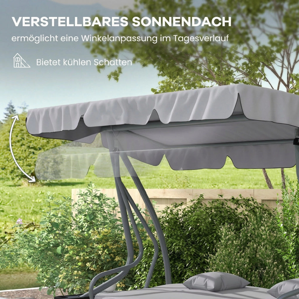 Dondolo da Giardino 2 in 1 con Funzione Letto, Tetto Regolabile, in Acciaio, 200x120x164 cm, Grigio, Portata 340 kg