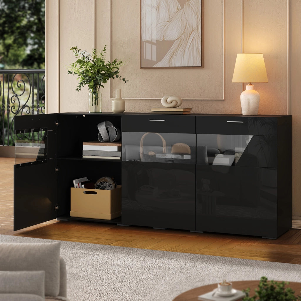 Credenza con vetrina; 3 ante vetrate; ampio spazio contenitore chiuso; per la casa moderna; mobile salvaspazio; pannello truciolare