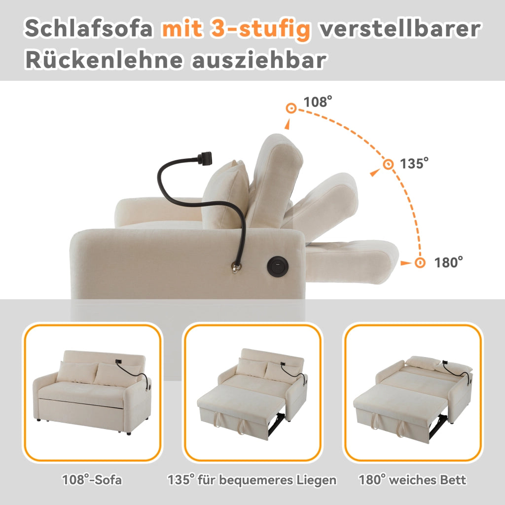 Divano letto estraibile a 2 posti con schienale reclinabile; USB; tasche laterali; beige