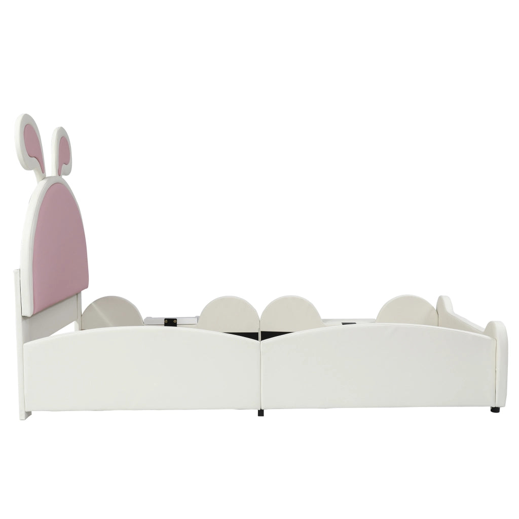 Letto singolo 90 × 200 cm con scivolo e scaletta testiera con orecchie in PU bianco e rosa