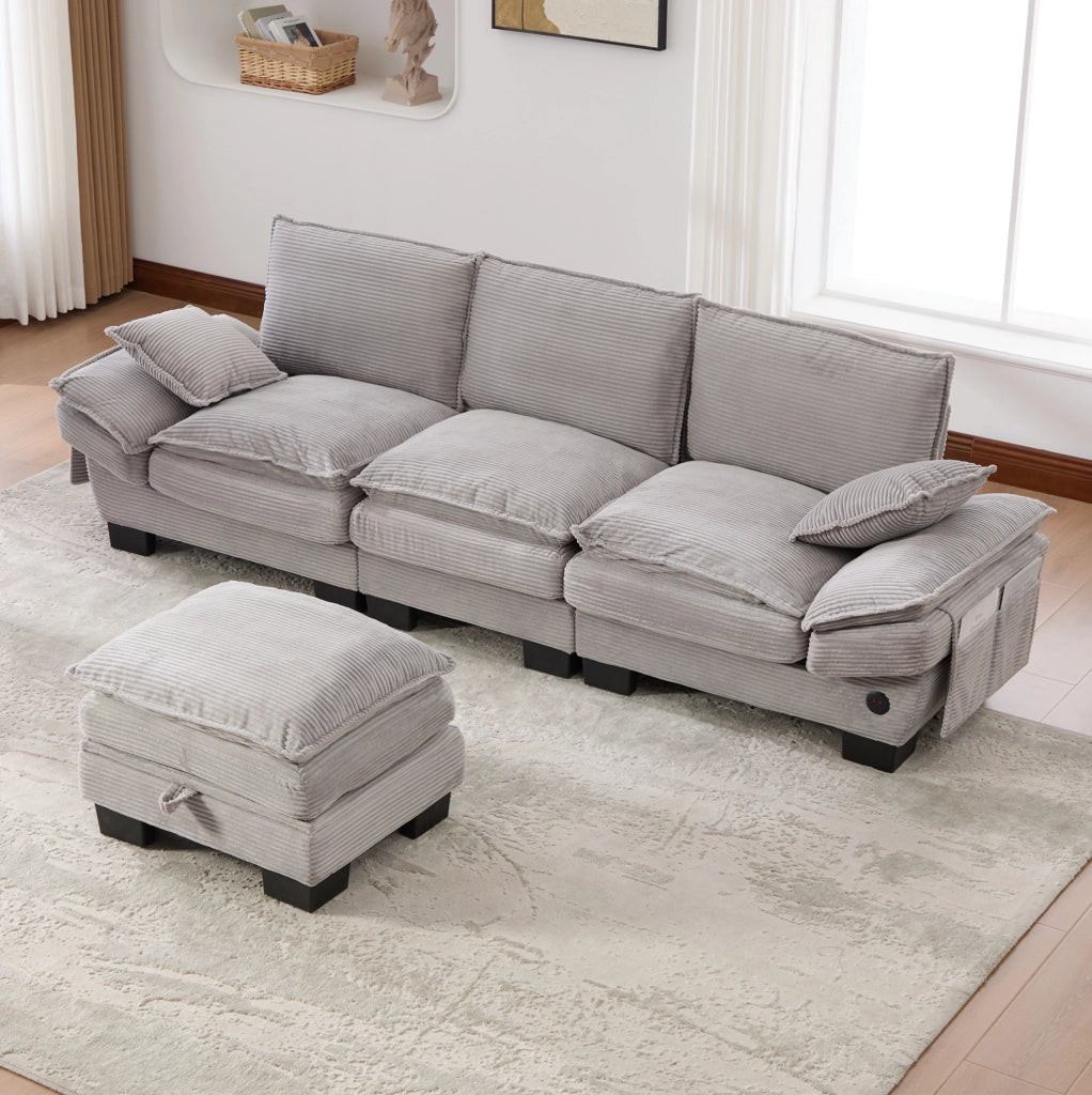 Divano modulare 3 posti con pouf in velluto a coste grigio chiaro
