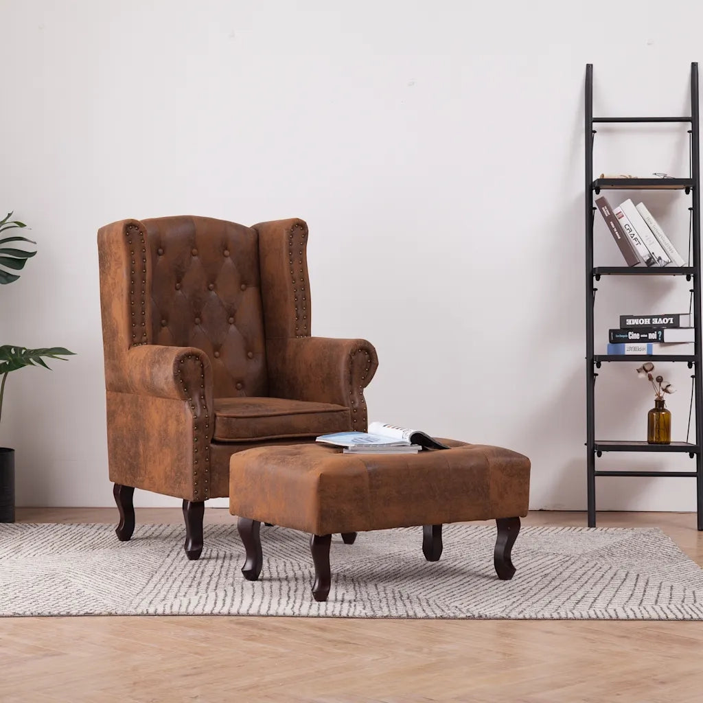 Poltrona Chesterfield Poggiapiedi Marrone Ecopelle Scamosciata 281277