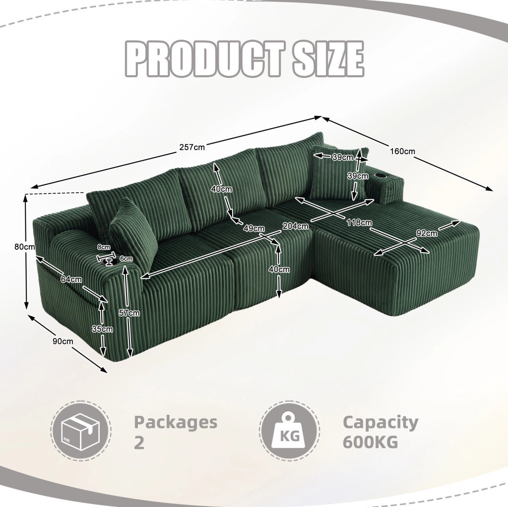 Divano modulare smeraldo con chaise longue, portabevande e 5 cuscini