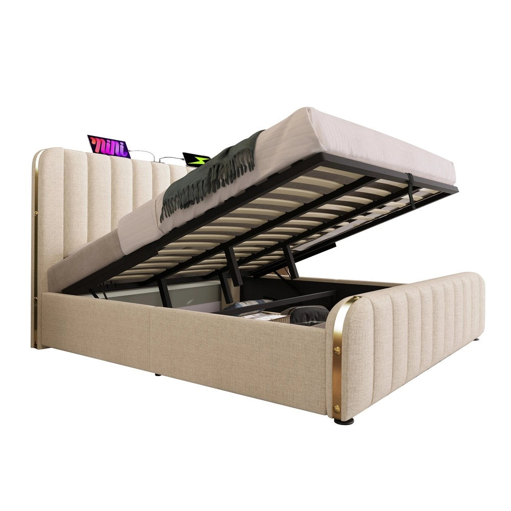 Letto Contenitore Imbottito con Materasso ¨C MINIMAL ¨C Beige, Idraulico, USB, 180x200