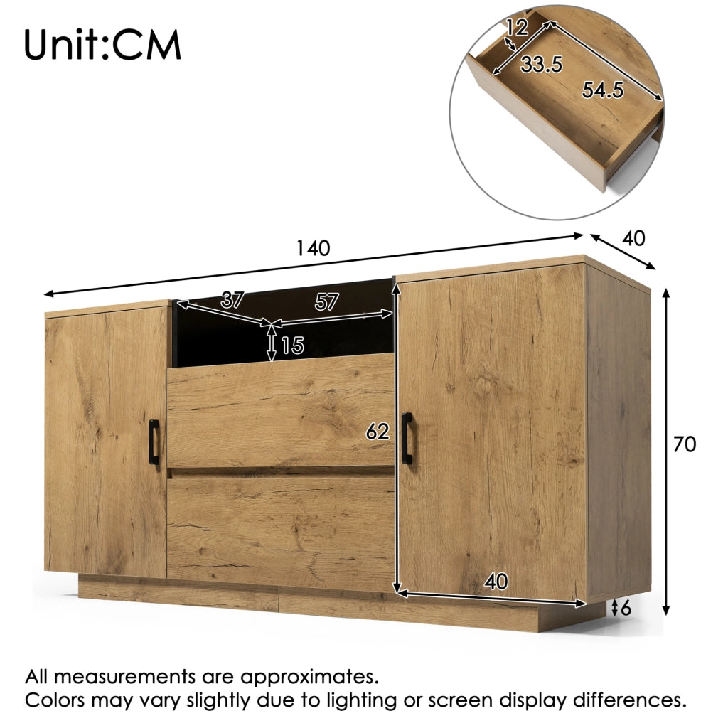 Credenza con cassetti, ante e vano aperto